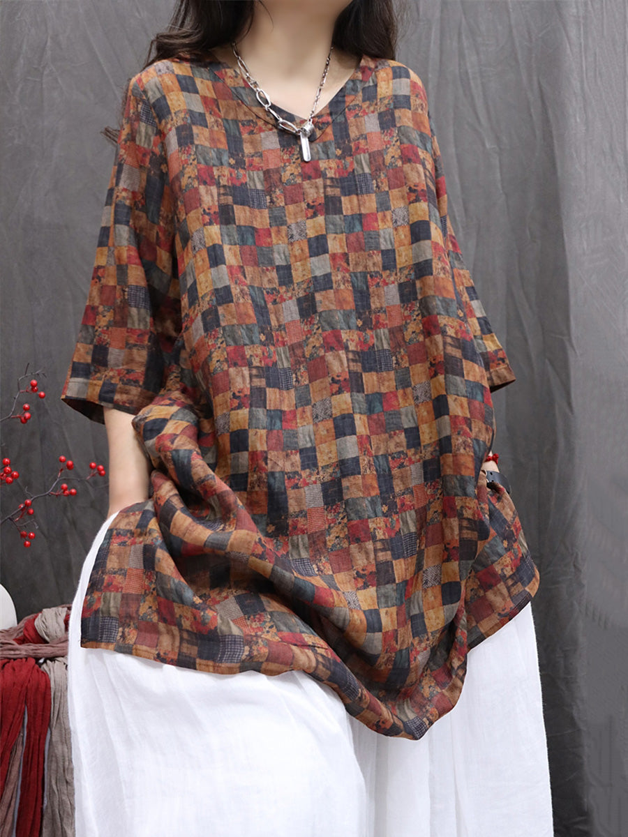 Women Summer Print V-Neck 100%Ramie Thin Long Shirt