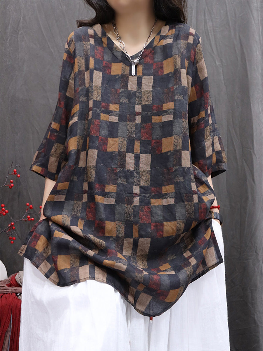 Women Summer Print V-Neck 100%Ramie Thin Long Shirt