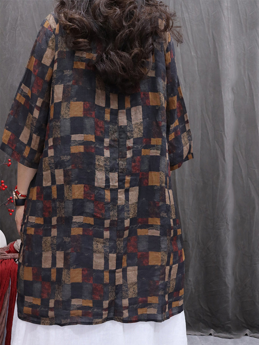 Women Summer Print V-Neck 100%Ramie Thin Long Shirt