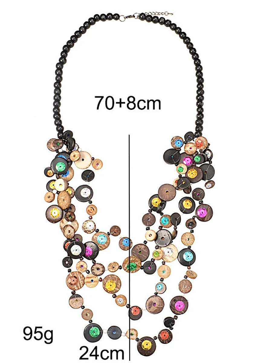 Bohemia Wooden Button Bead Multilayer Necklace