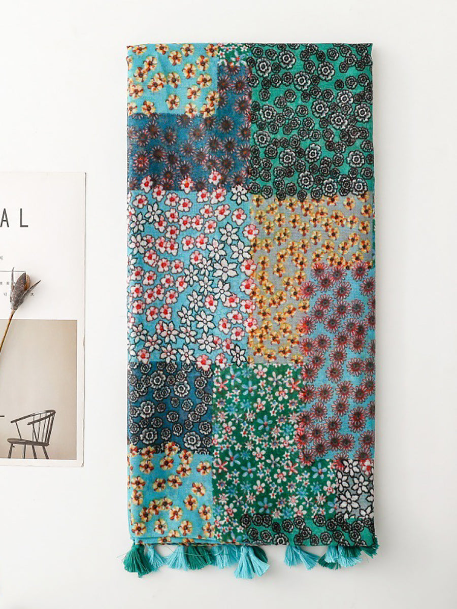 Women Bohemia Floral Patchwork Tassel Shawl Scarf