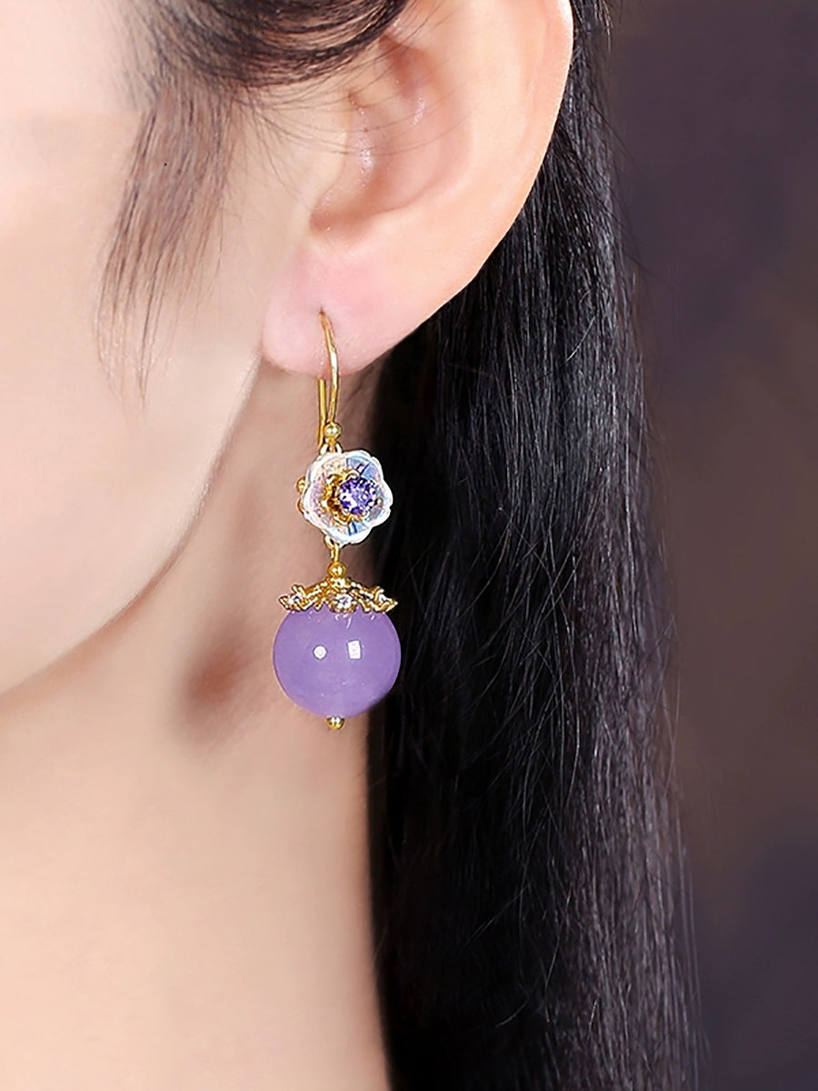Women Ethnic Glaze Flower Zircon Jade S925Sliver Earrings
