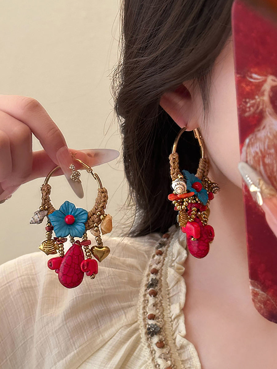 Women Ethnic Flower Bead Tassel Copper Earrings