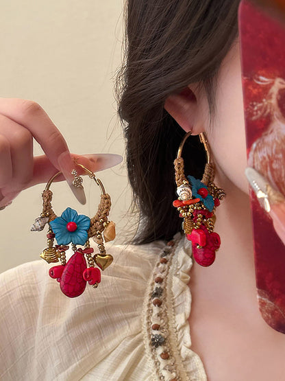 Women Ethnic Flower Bead Tassel Copper Earrings