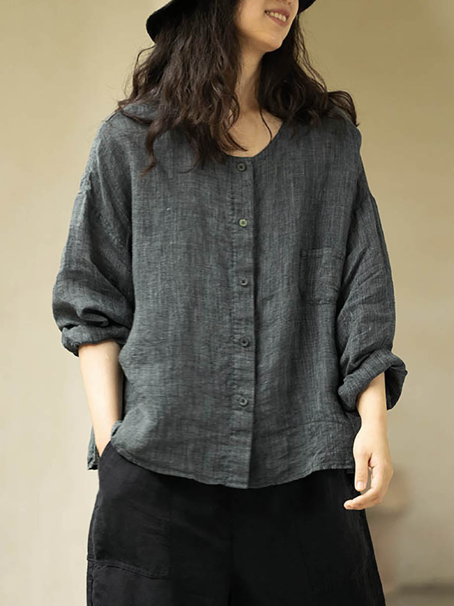 Plus Size Women Summer Casual Pure Color O-Neck 100%Linen Shirt