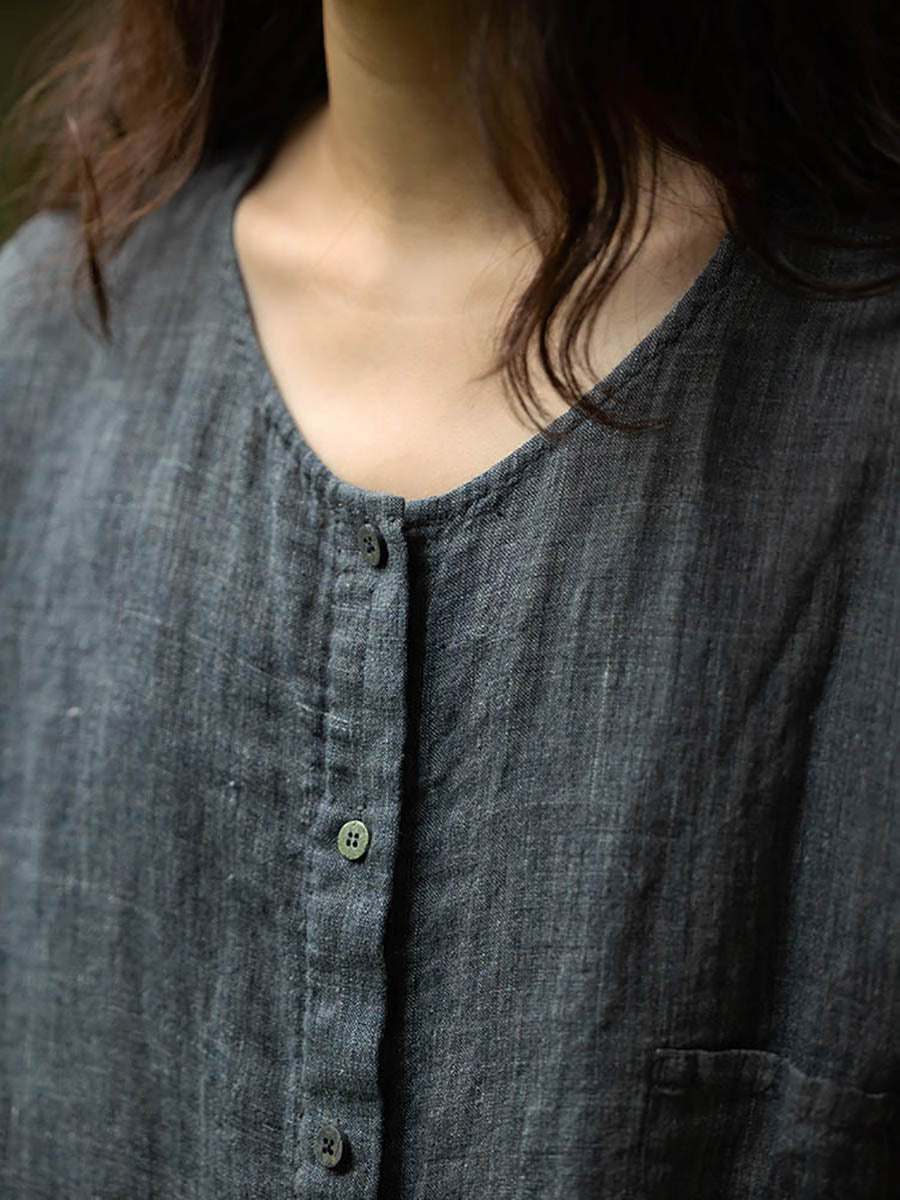 Plus Size Women Summer Casual Pure Color O-Neck 100%Linen Shirt