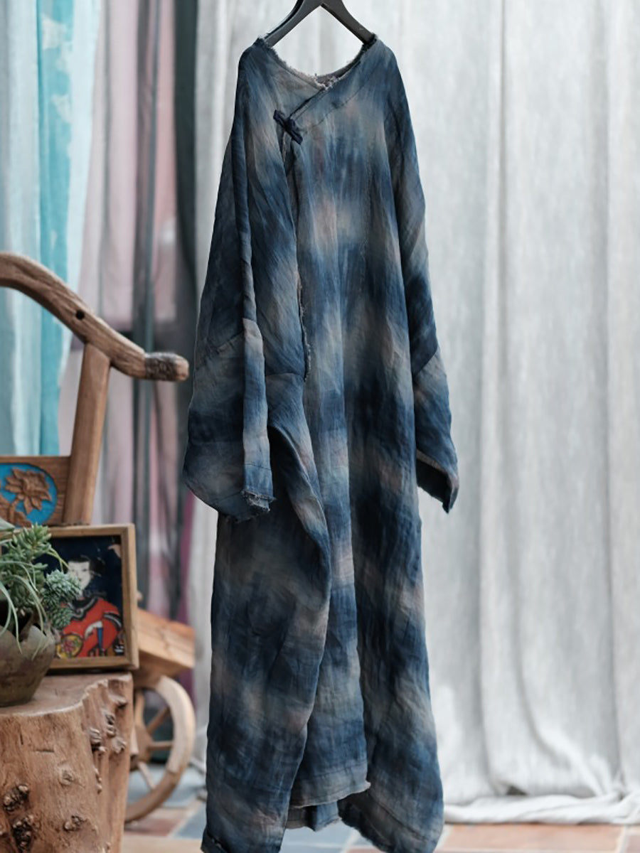 Plus Size Women Summer Retro Print O-Neck Ramie Dress