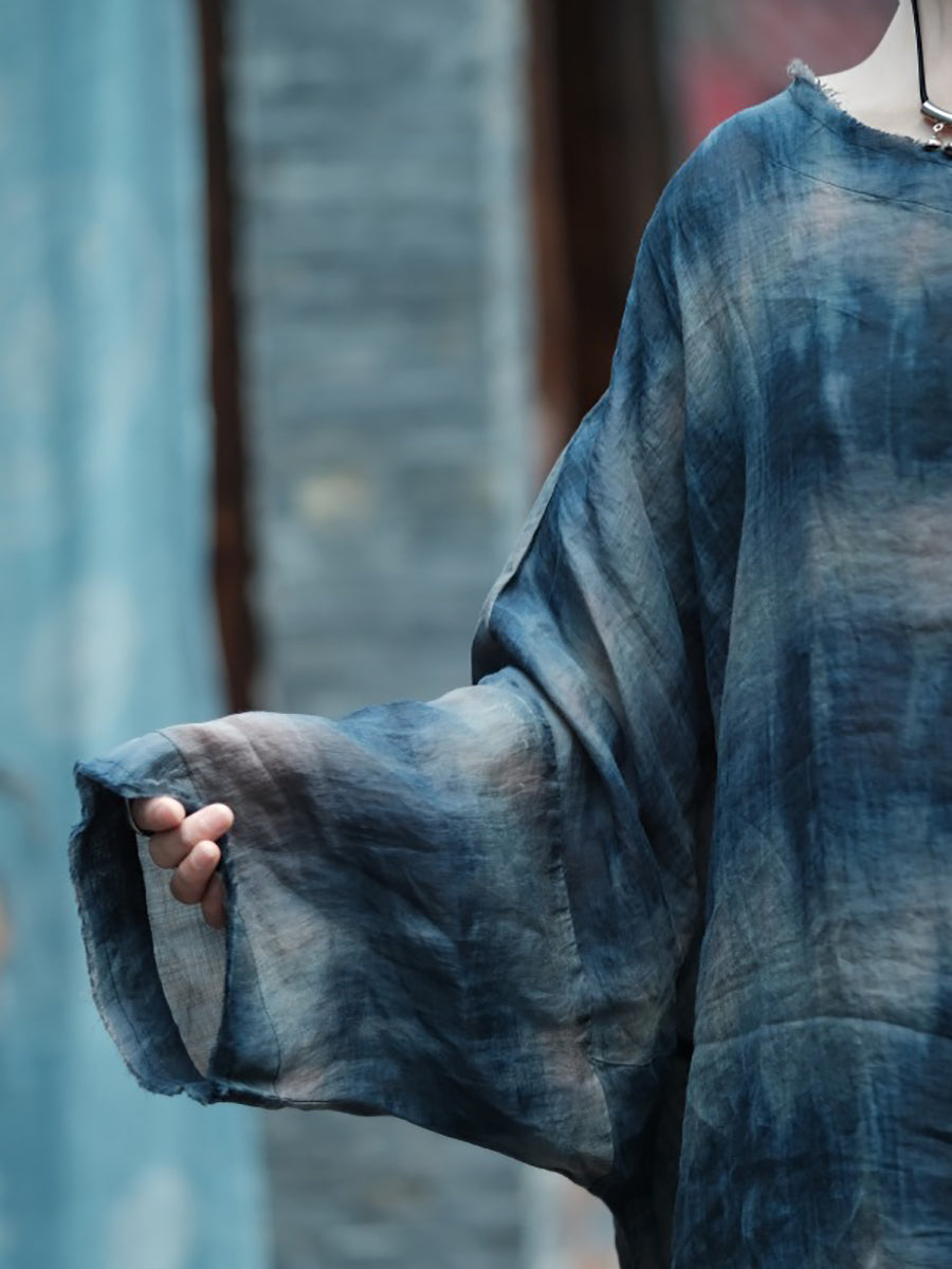 Plus Size Women Summer Retro Print O-Neck Ramie Dress