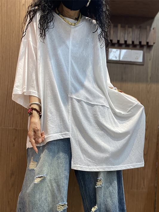 Plus Size Women Summer Casual Irregular Spliced O-Neck Cotton Shirt