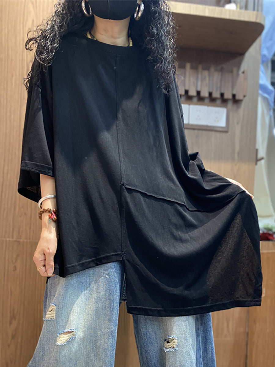 Plus Size Women Summer Casual Irregular Spliced O-Neck Cotton Shirt