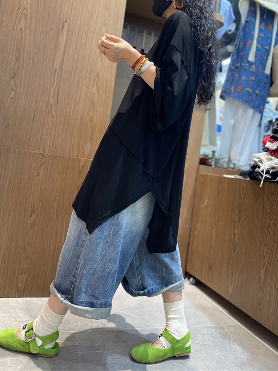 Plus Size Women Summer Casual Irregular Spliced O-Neck Cotton Shirt