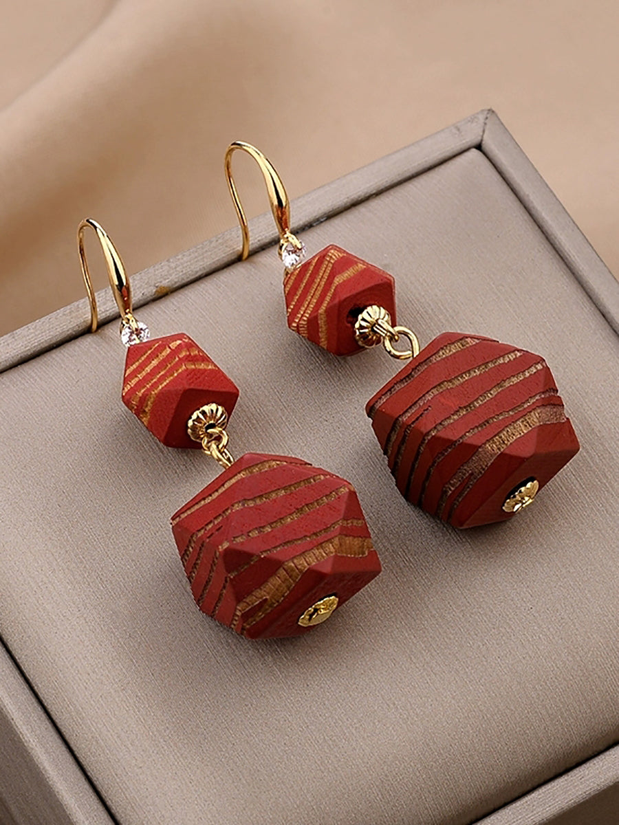 Women Fashion Wooden Bead Copper Earrings