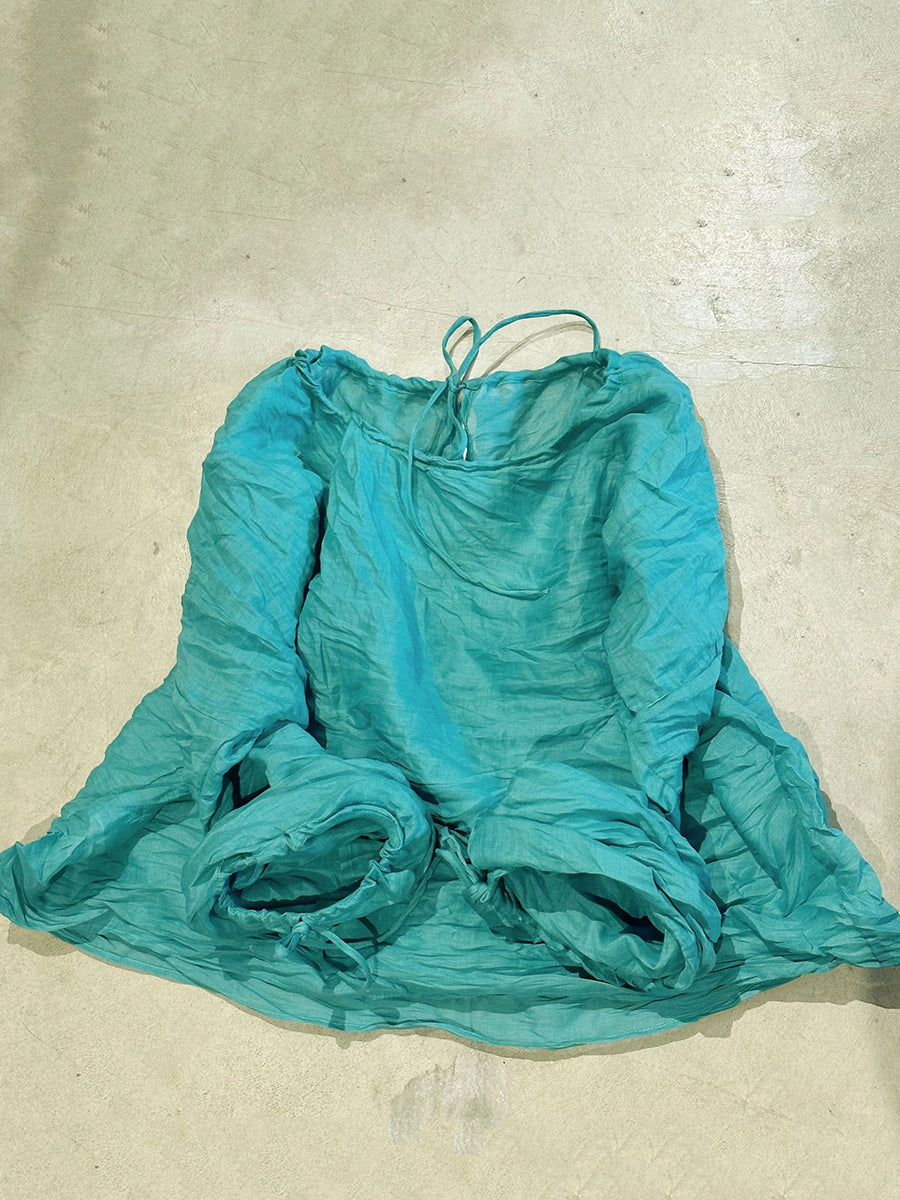 Women Summer Artsy Pure Color O-Neck Ramie Shirt