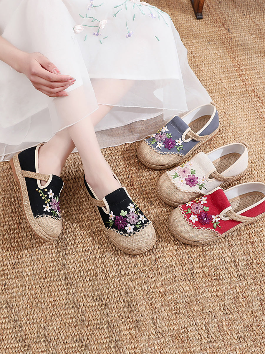 Women Summer Ethnic Ribbon Flower Cloth Flat Shoes
