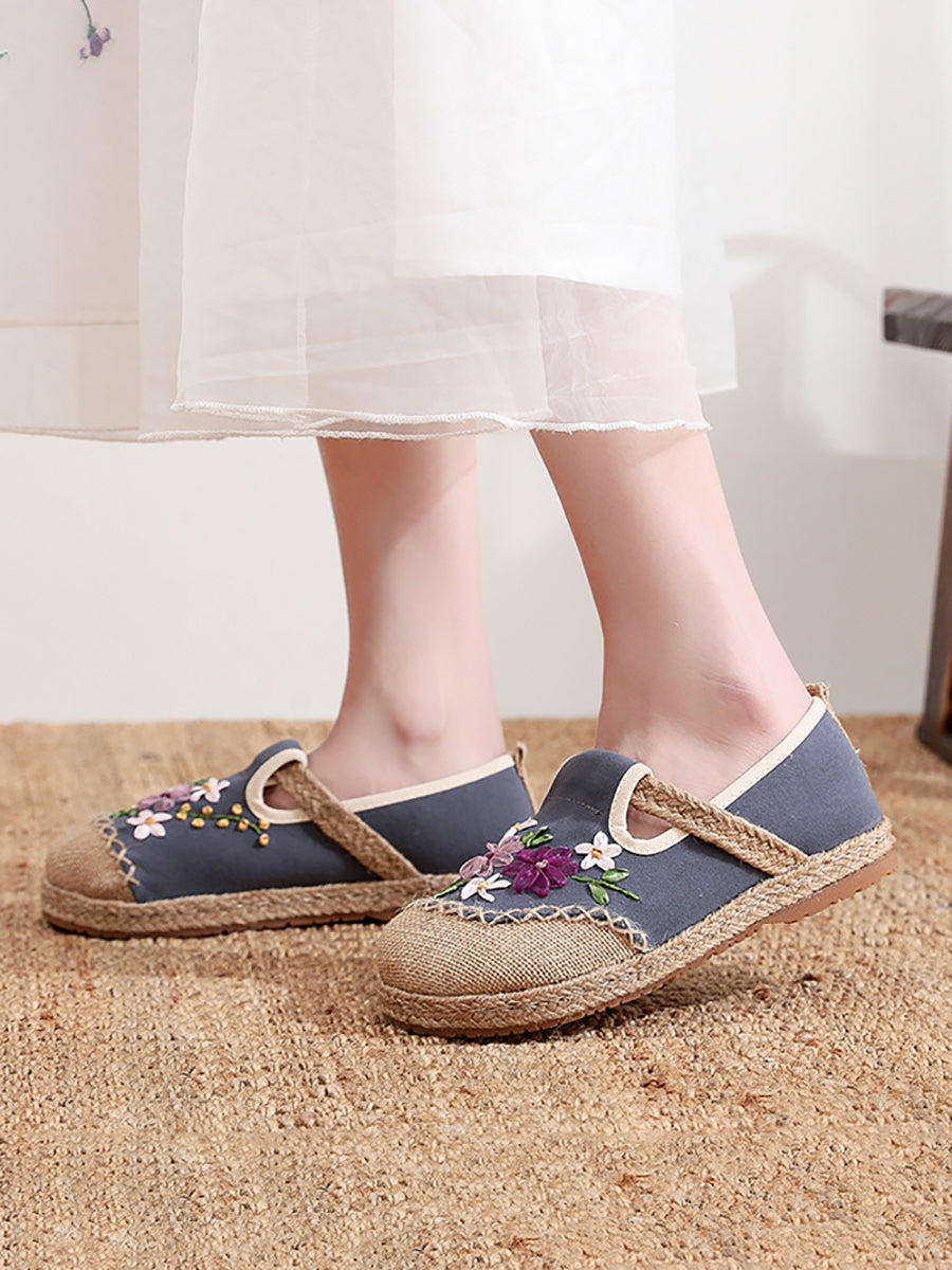 Women Summer Ethnic Ribbon Flower Cloth Flat Shoes