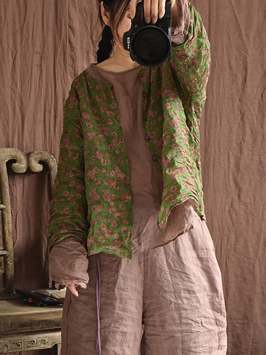 Women Summer Artsy Floral O-Neck Ramie Shirt