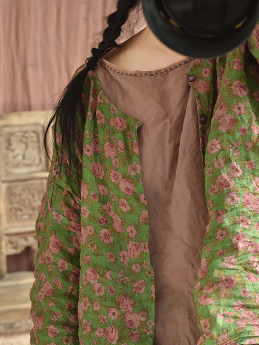 Women Summer Artsy Floral O-Neck Ramie Shirt