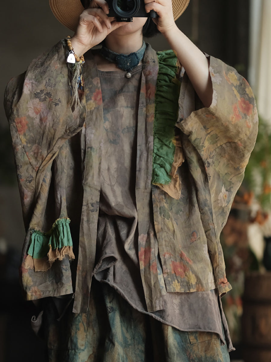 Women Summer Retro Flower Colorblock V-Neck Linen Shirt