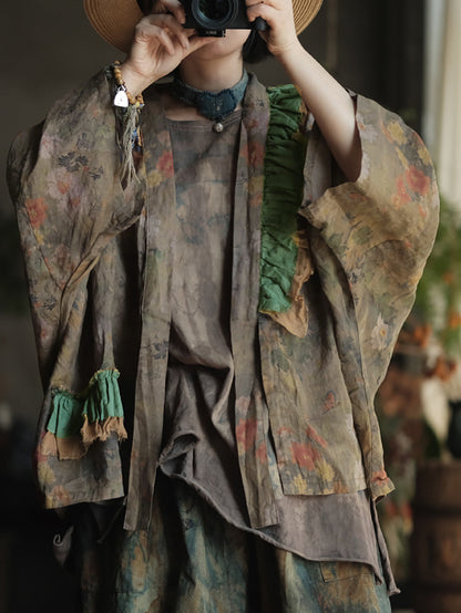 Women Summer Retro Flower Colorblock V-Neck Linen Shirt