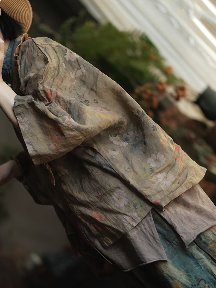 Women Summer Retro Flower Colorblock V-Neck Linen Shirt