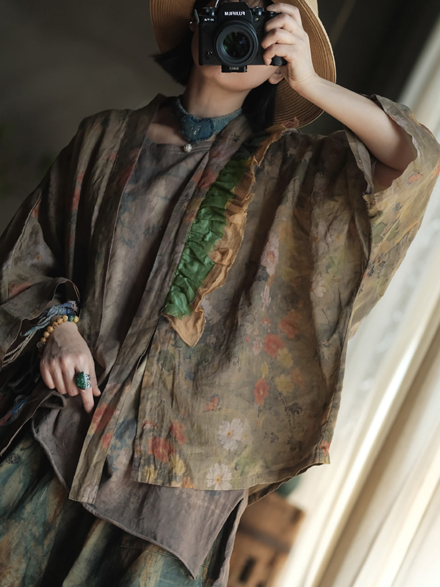 Women Summer Retro Flower Colorblock V-Neck Linen Shirt