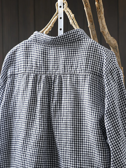 Plus Size Women Lattice Linen Cotton Turn-down Collar Shirt