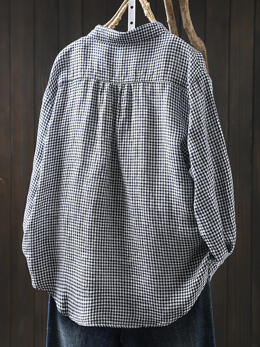 Plus Size Women Lattice Linen Cotton Turn-down Collar Shirt