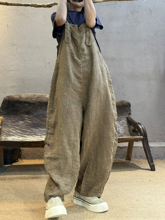 Plus Size Women Summer Retro Pure Color Linen Loose Jumpsuits
