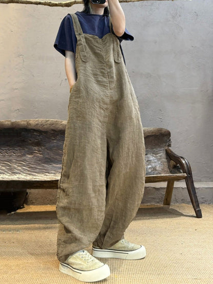 Plus Size Women Summer Retro Pure Color Linen Loose Jumpsuits