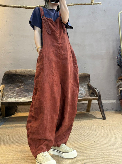 Plus Size Women Summer Retro Pure Color Linen Loose Jumpsuits