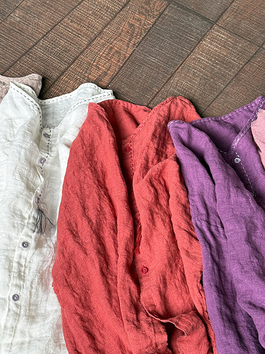 Women Summer Casual Pure Color O-Neck Linen Shirt