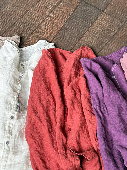 Women Summer Casual Pure Color O-Neck Linen Shirt