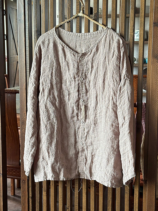 Women Summer Casual Pure Color O-Neck Linen Shirt