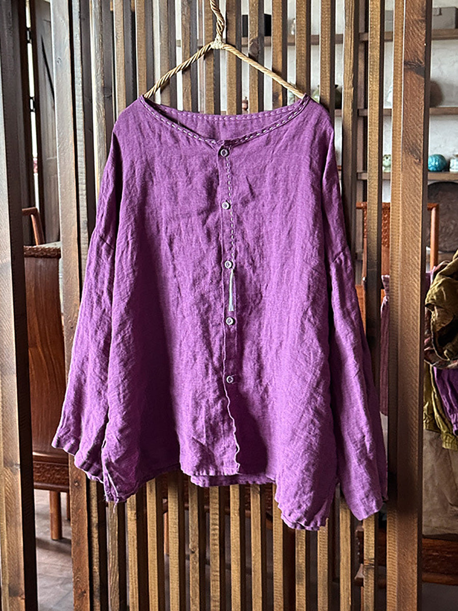 Women Summer Casual Pure Color O-Neck Linen Shirt