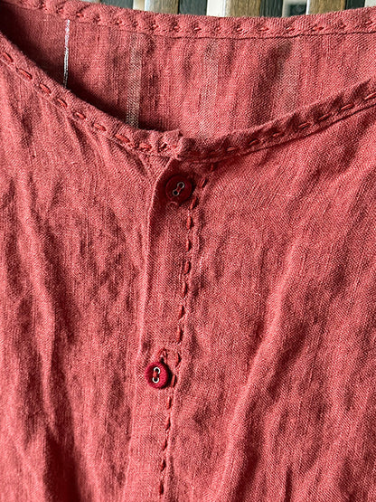 Women Summer Casual Pure Color O-Neck Linen Shirt