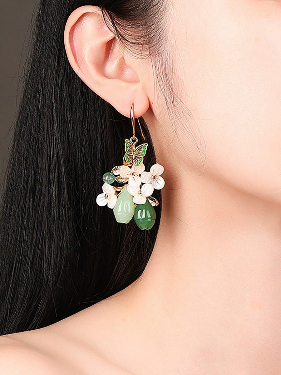 Women Artsy Butterfly Cloisonne Jade Flower Earrings