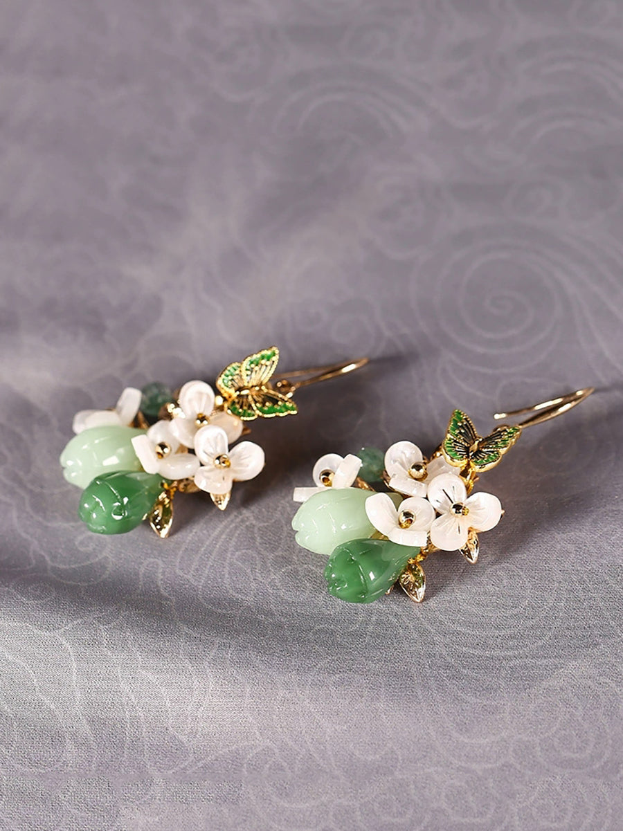 Women Artsy Butterfly Cloisonne Jade Flower Earrings