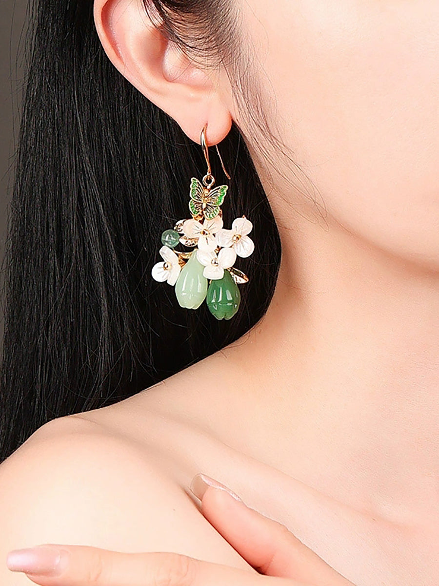 Women Artsy Butterfly Cloisonne Jade Flower Earrings