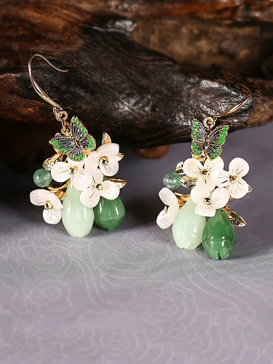 Women Artsy Butterfly Cloisonne Jade Flower Earrings