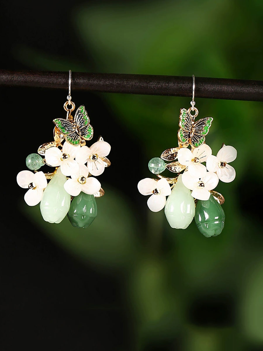 Women Artsy Butterfly Cloisonne Jade Flower Earrings