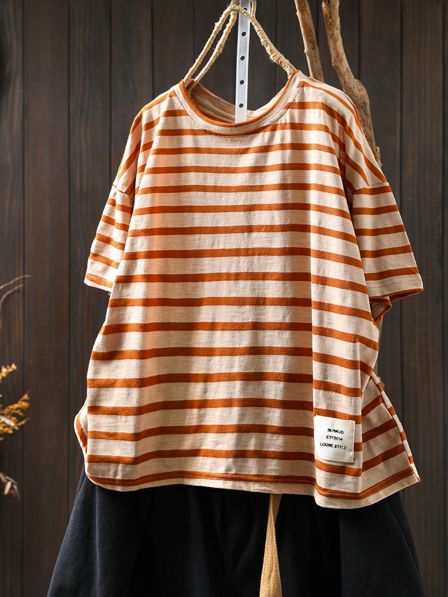 Plus Size Women Summer Casual Colorblock Stripe O-Neck Cotton Shirt