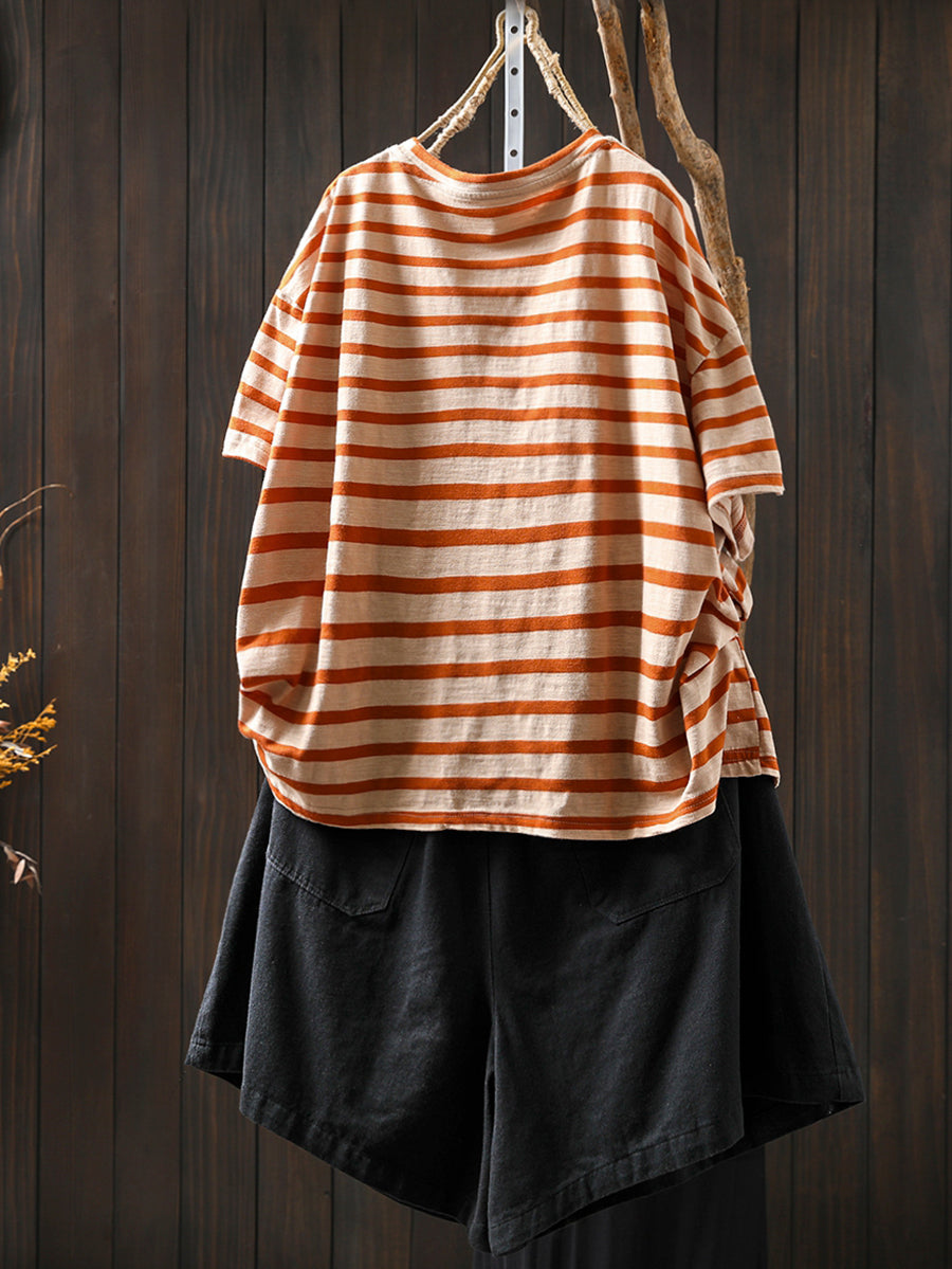 Plus Size Women Summer Casual Colorblock Stripe O-Neck Cotton Shirt