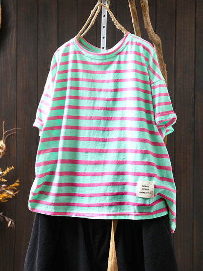 Plus Size Women Summer Casual Colorblock Stripe O-Neck Cotton Shirt