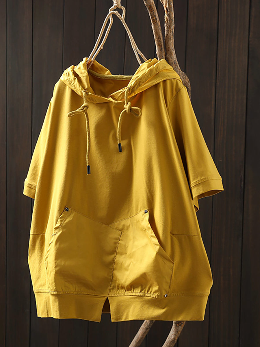 Women Summer Casual Pure Color O-Neck Cotton Hooded Shirt