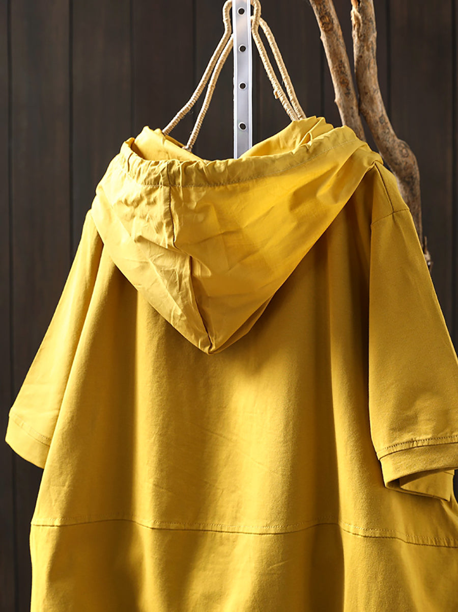 Women Summer Casual Pure Color O-Neck Cotton Hooded Shirt