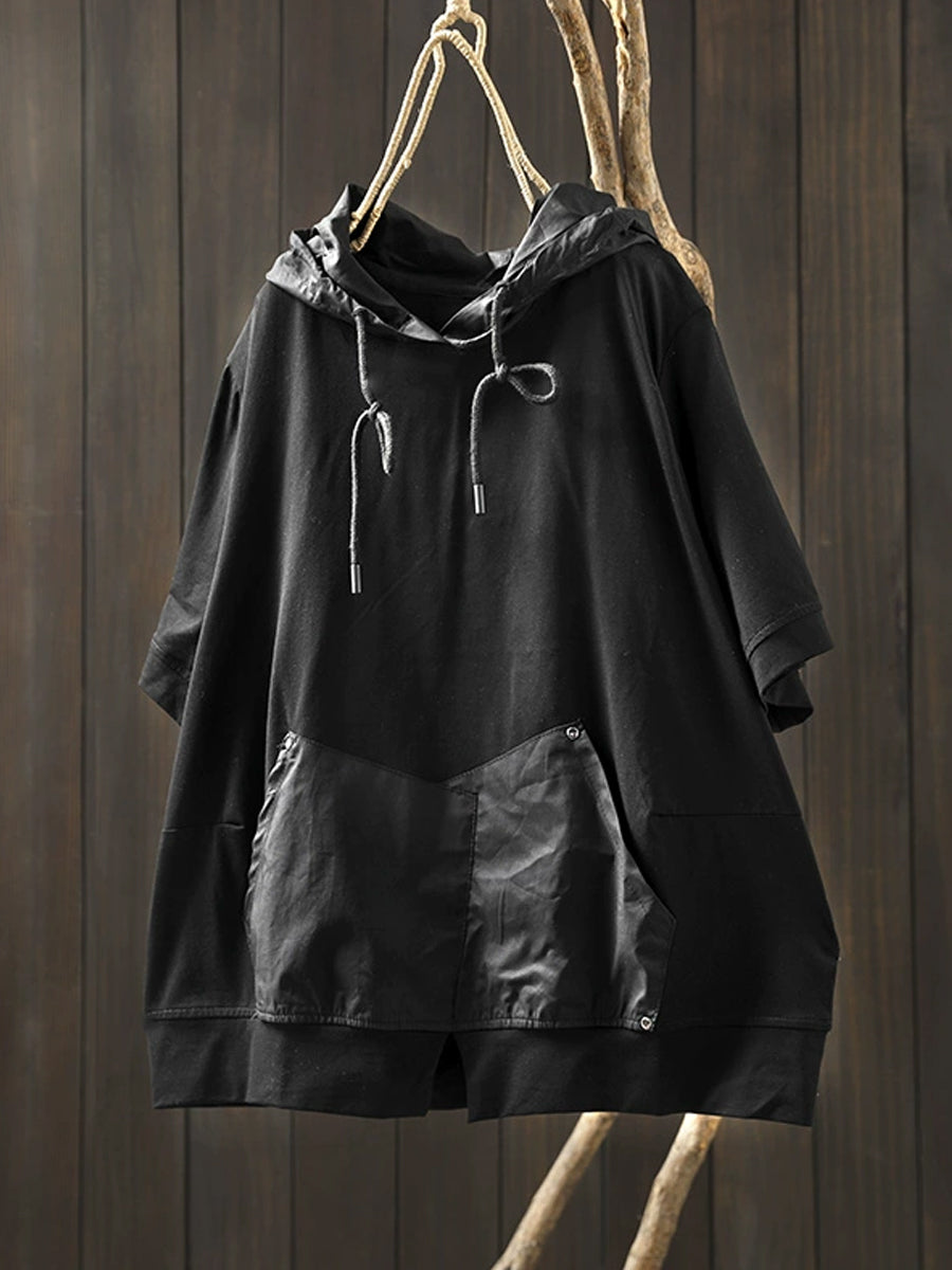 Women Summer Casual Pure Color O-Neck Cotton Hooded Shirt