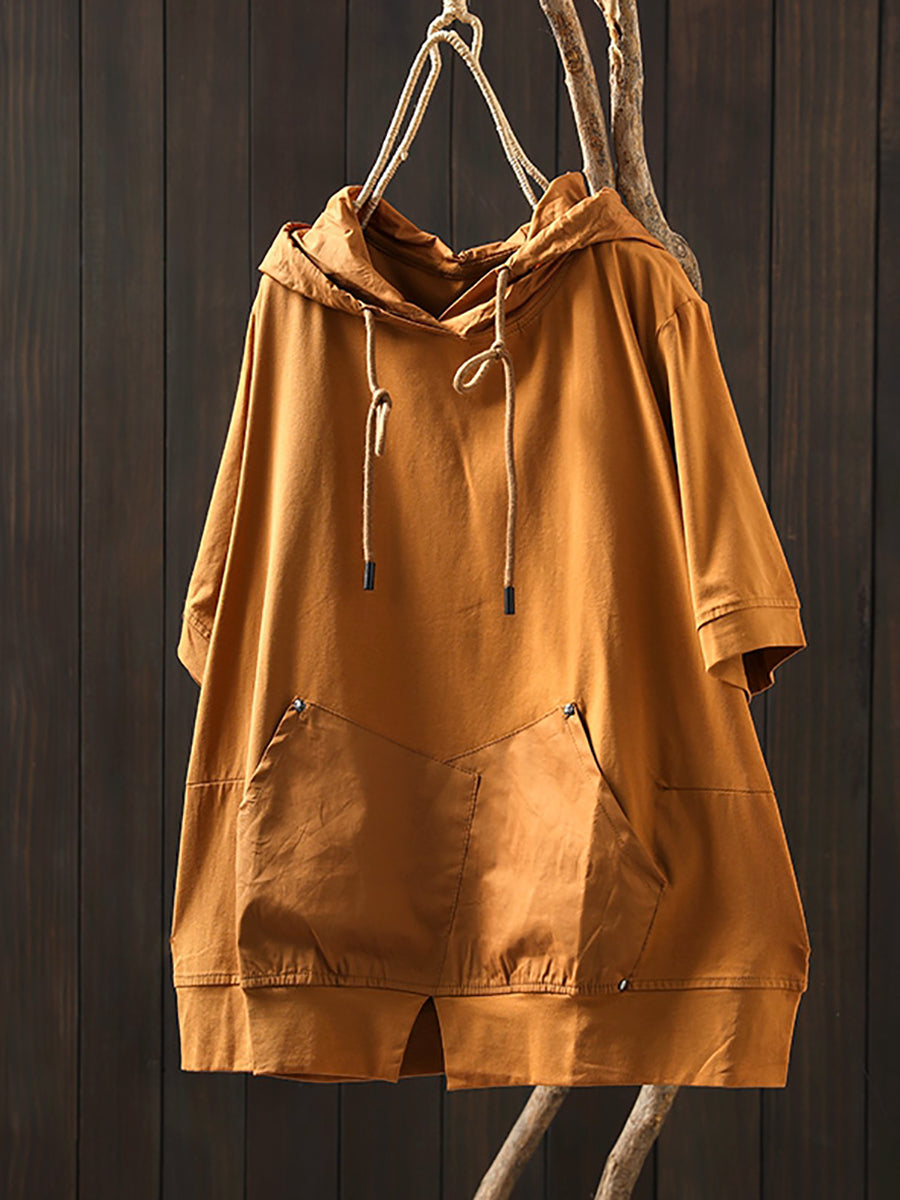 Women Summer Casual Pure Color O-Neck Cotton Hooded Shirt