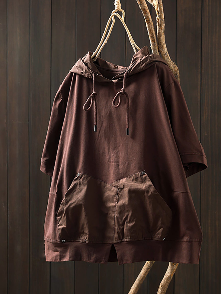 Women Summer Casual Pure Color O-Neck Cotton Hooded Shirt