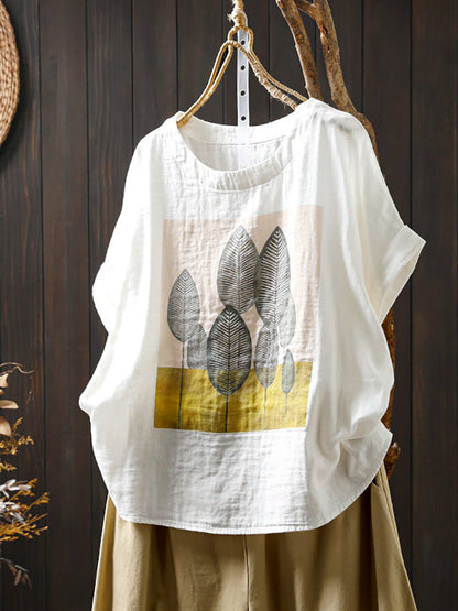 Plus Size Women Summer Casual Print O-Neck Cotton Shirt