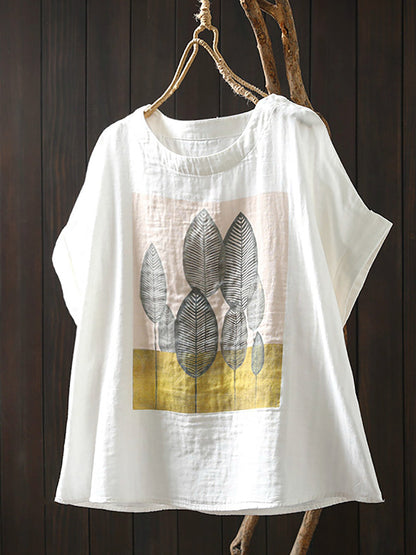 Plus Size Women Summer Casual Print O-Neck Cotton Shirt
